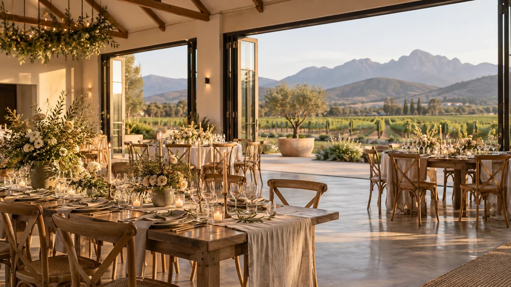Illustrative Stellenbosch inspired farm hall reception with open doors towards vineyards