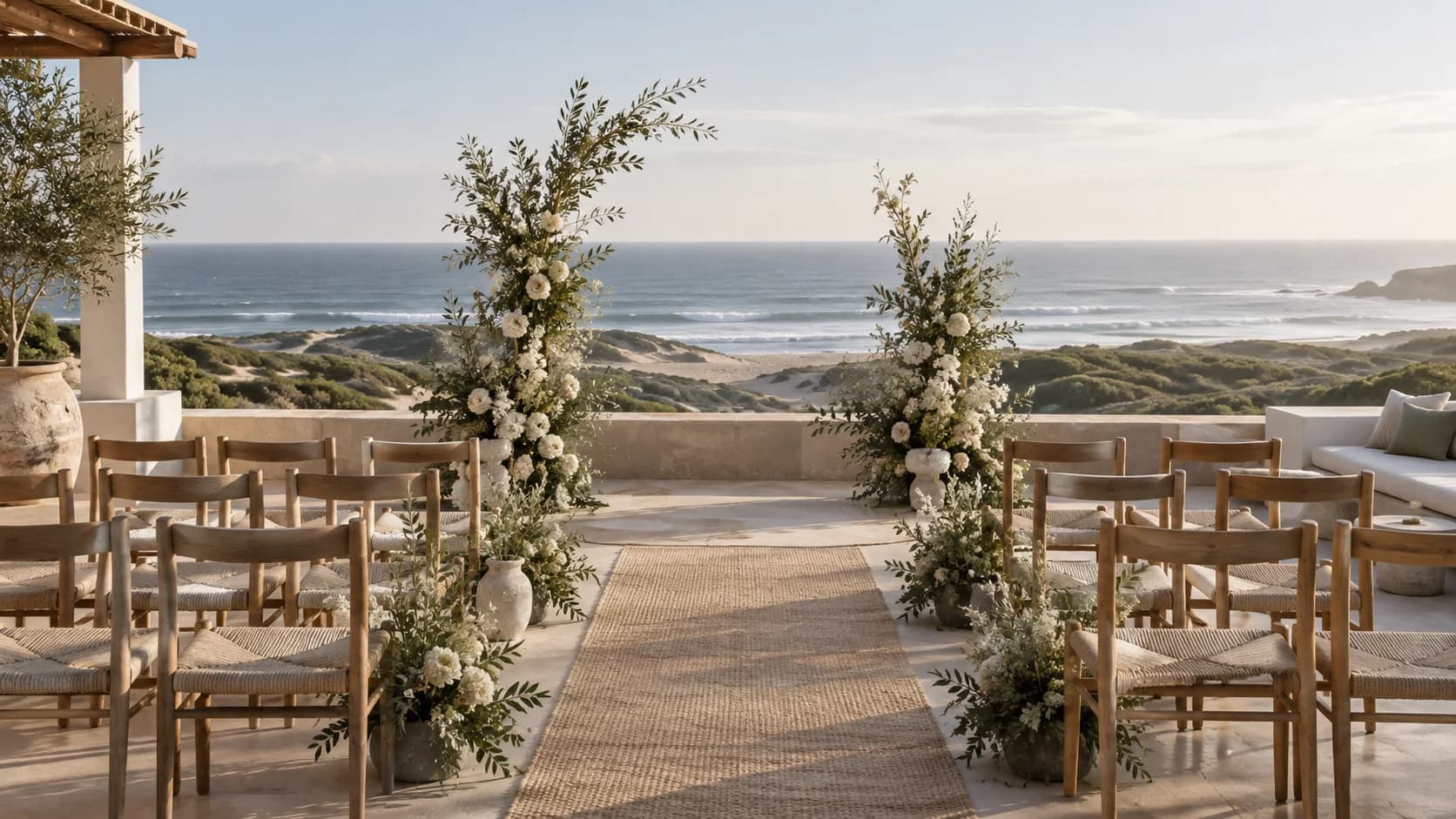 Illustrative coastal wedding ceremony on a terrace overlooking anonymous Western Cape dunes and sea