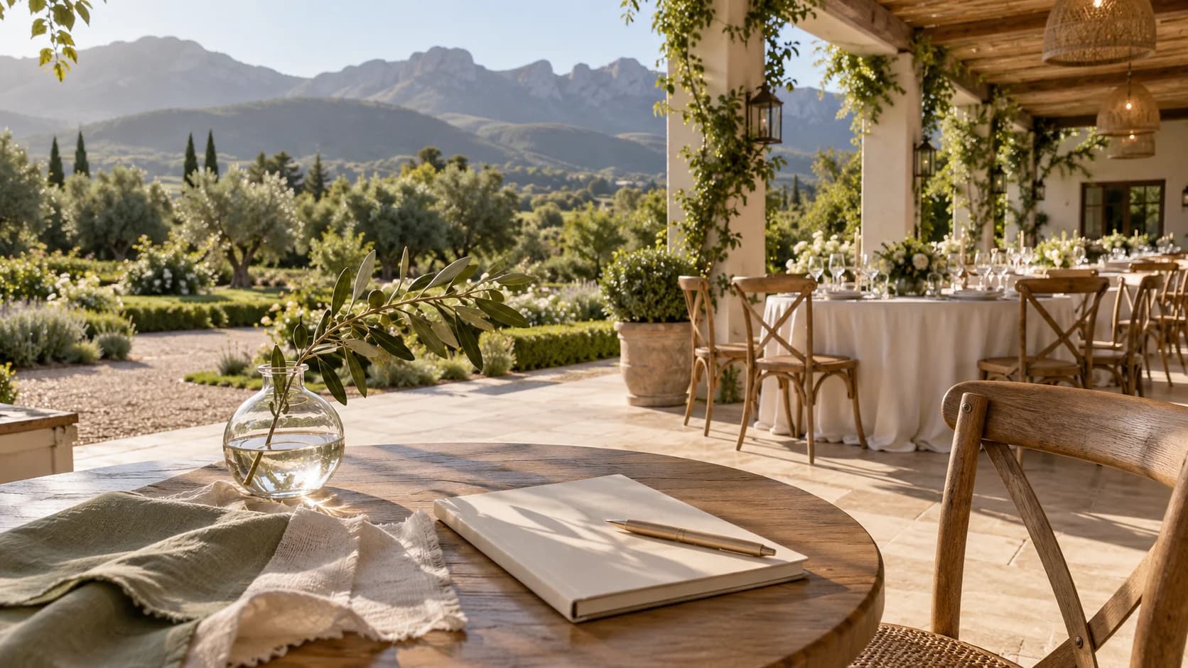 Notebook and pen at a garden reception setting, inspiration for questions to ask a wedding venue