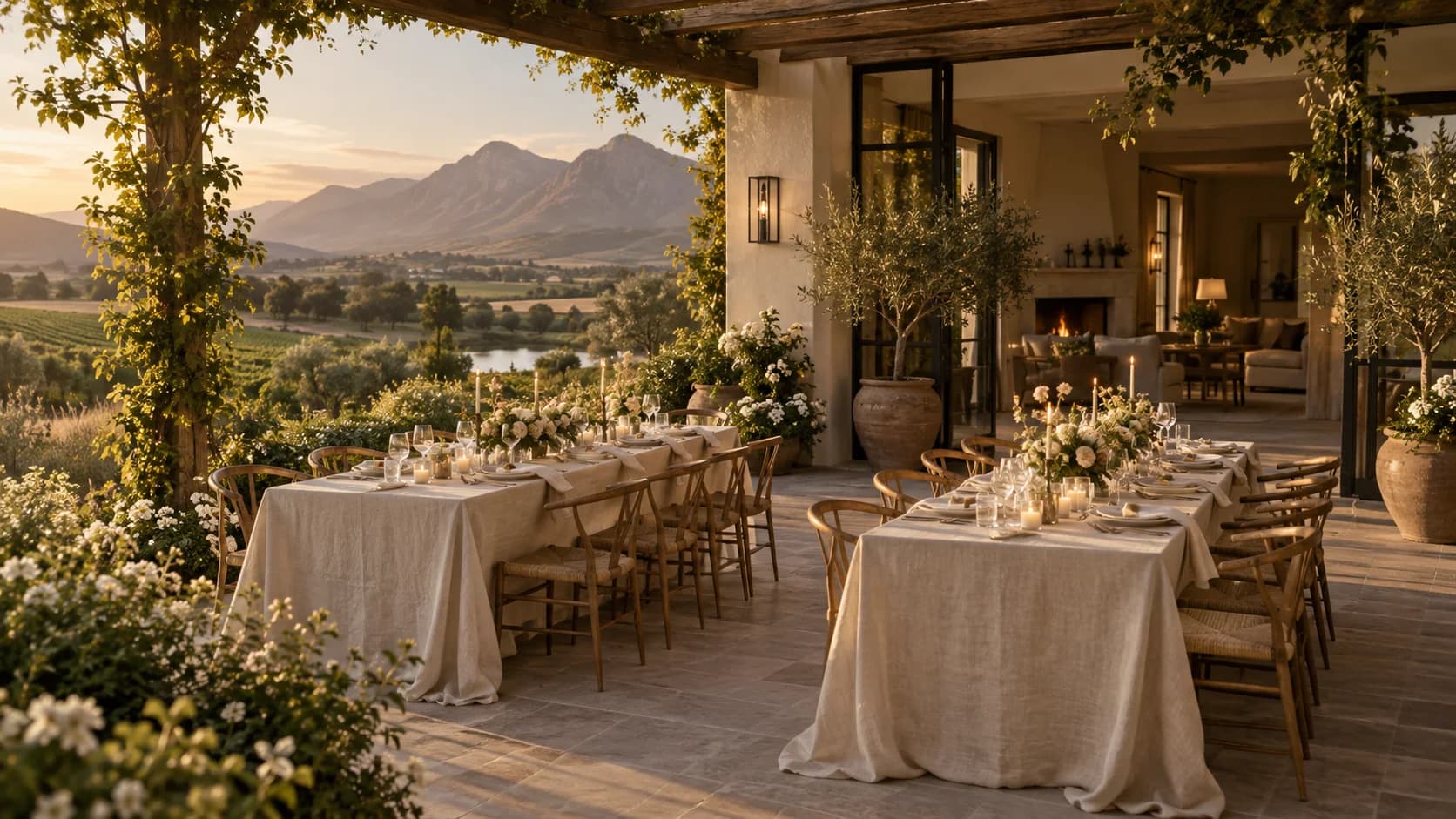 Illustrative intimate wedding reception at two short tables on a sheltered Winelands terrace