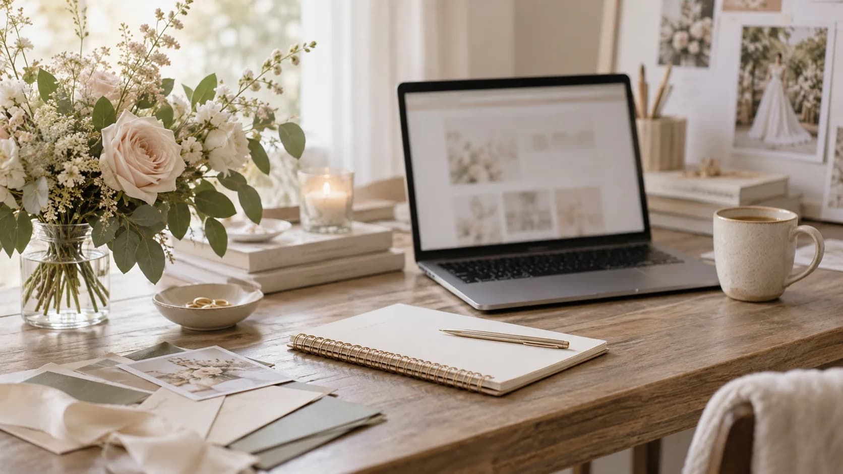 Illustrative venue enquiry workspace with laptop, blank message sheet and wedding planning notebook