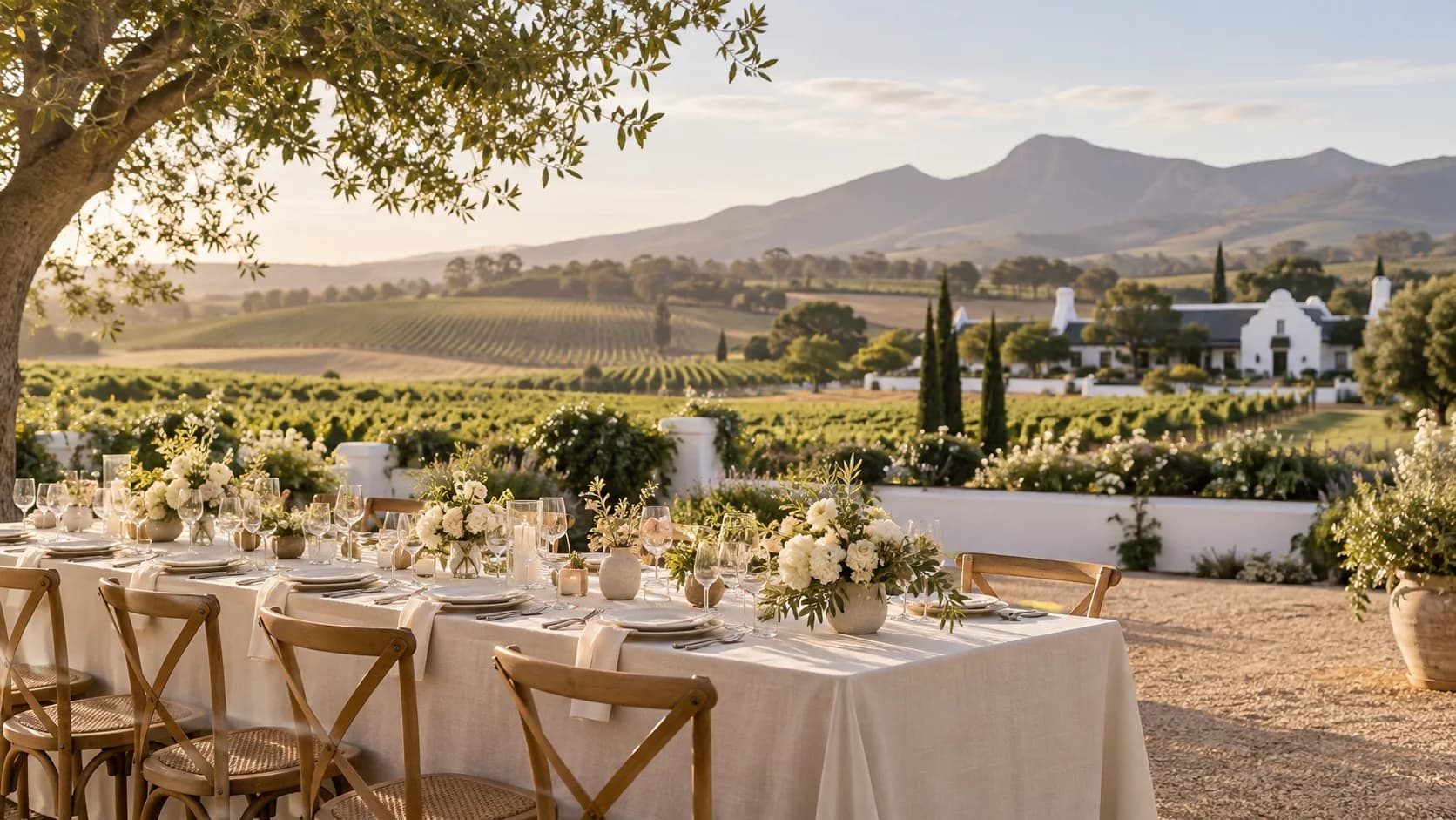 Illustrative countryside reception inspired by Durbanville, with vineyards and linen dining tables