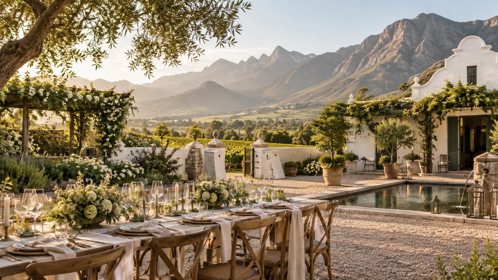 Illustrative Franschhoek valley wedding terrace with vineyards, mountains and a glass reception hall