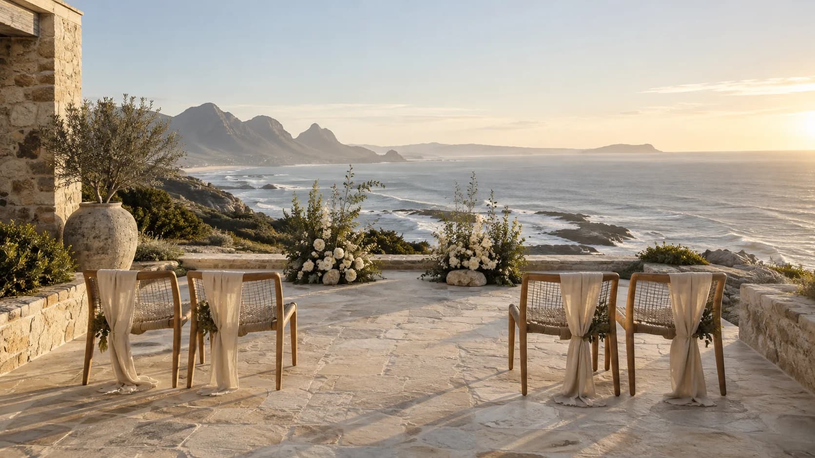 Illustrative intimate Cape Town coastal ceremony for two beside a quiet ocean-facing terrace