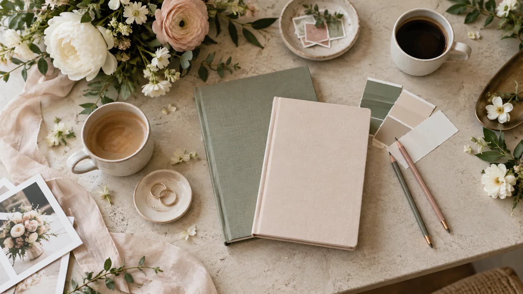 Illustrative couple's wedding planning table with two notebooks, blank venue cards and garden flowers