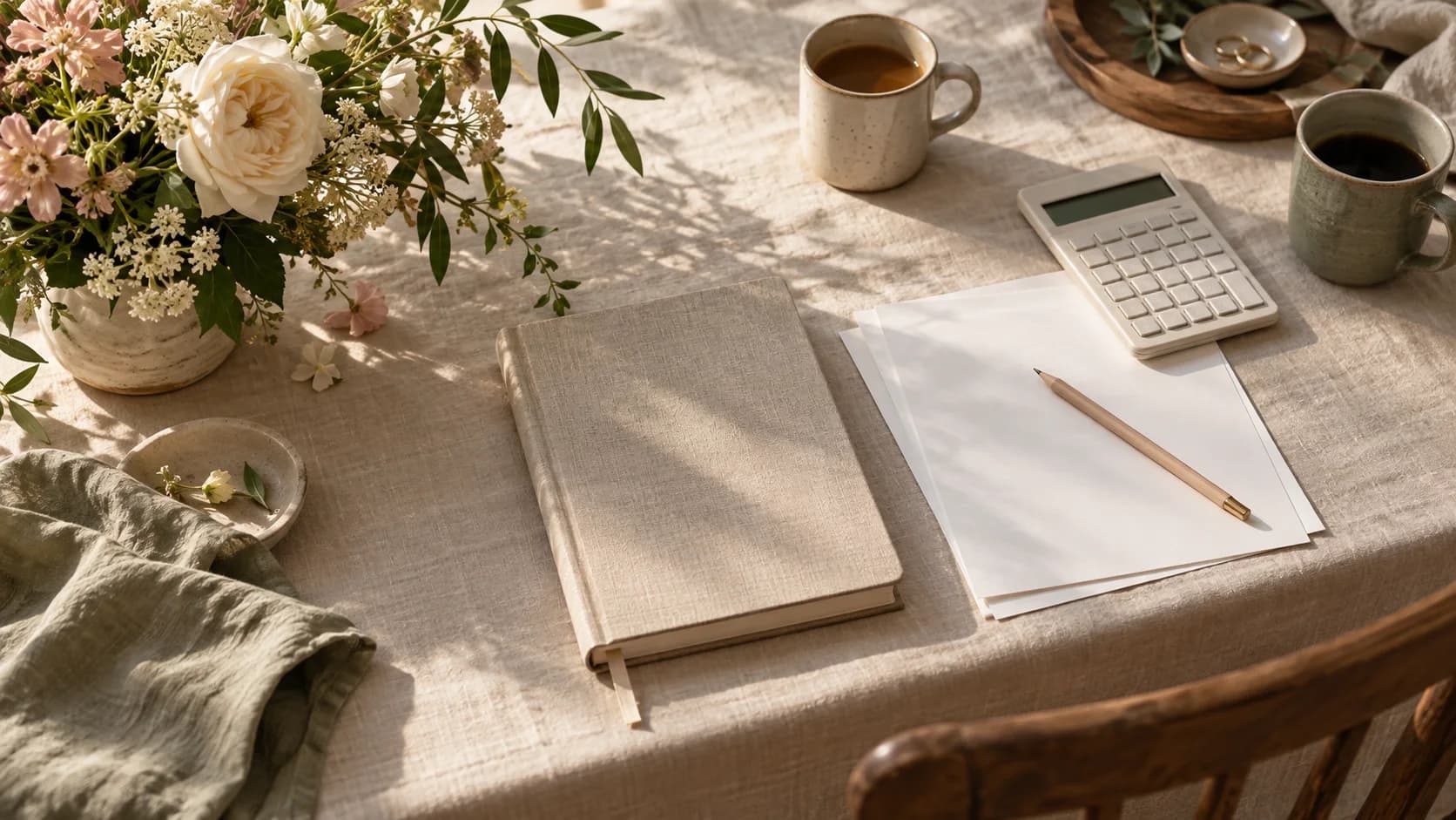 Illustrative wedding budget planning table with a notebook, blank sheets and calculator
