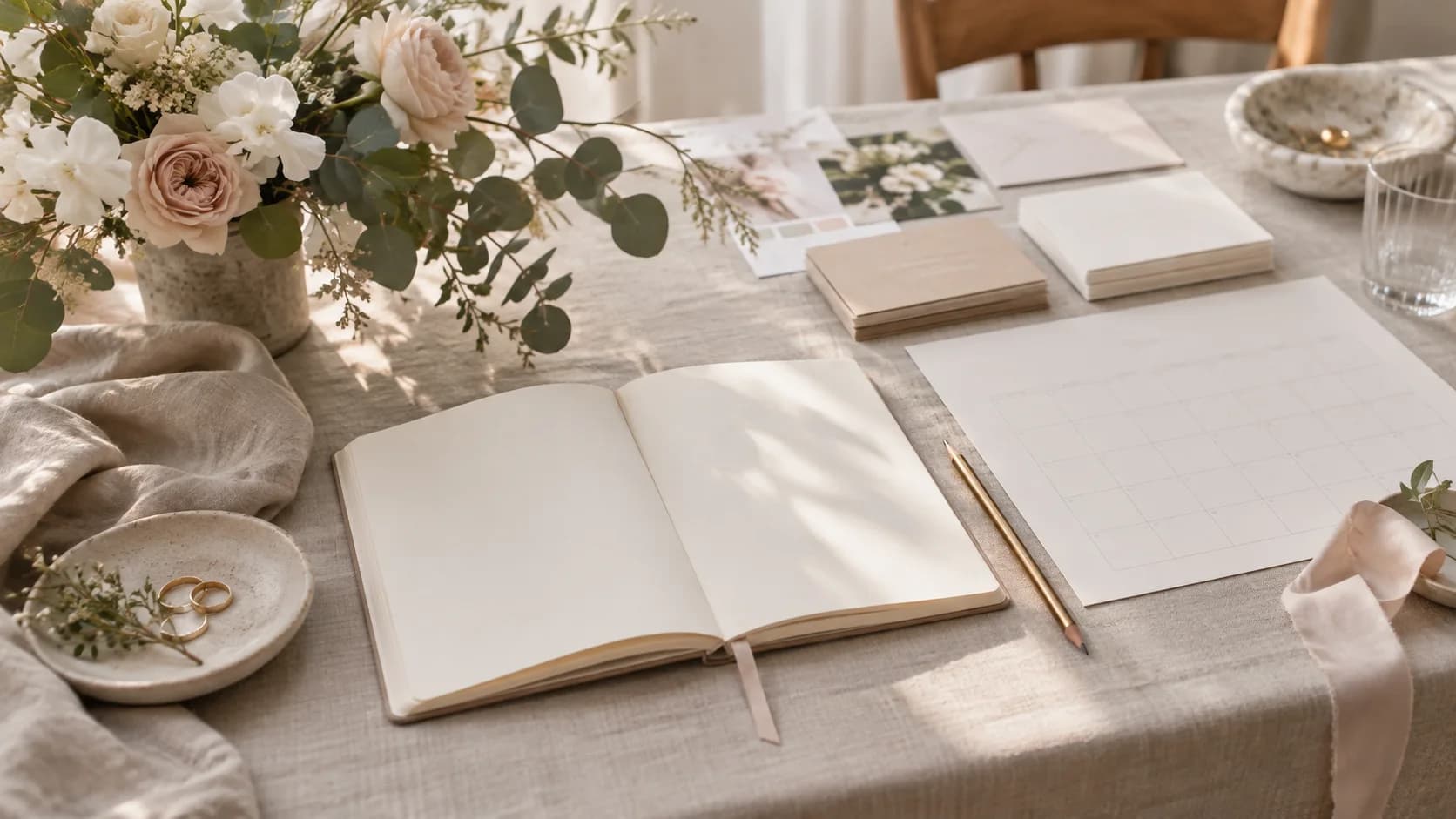 Illustrative wedding planning checklist with blank paper, calendar and a simple floral arrangement