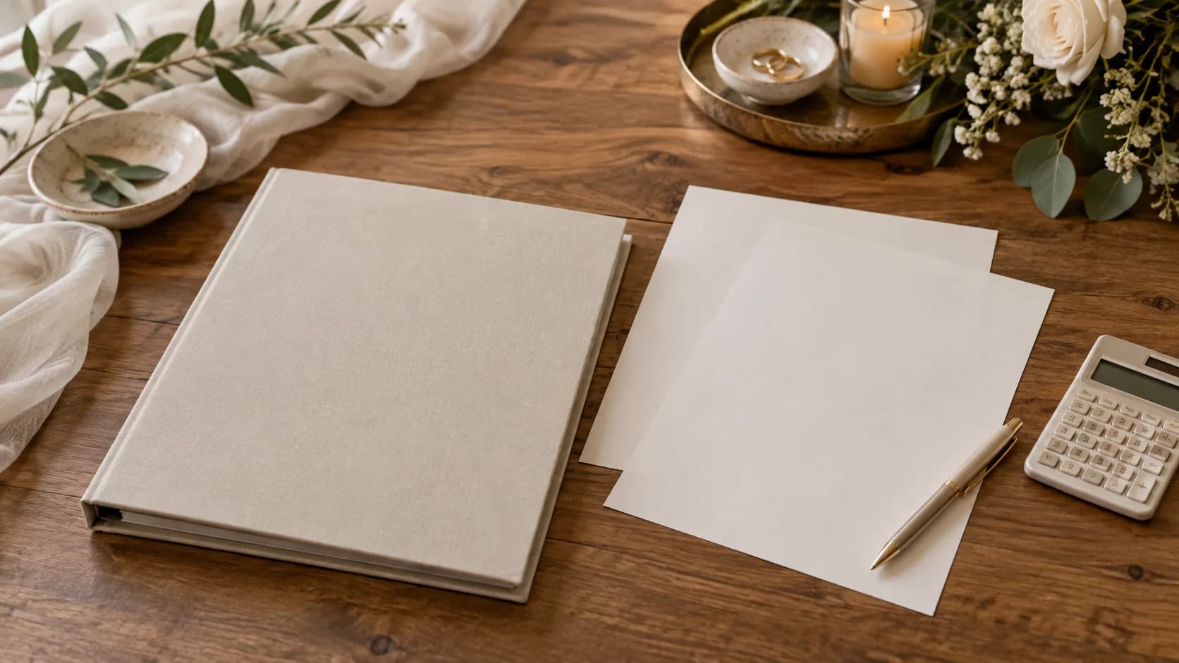 Illustrative wedding booking documents beside a blank payment calendar, pen and small floral arrangement