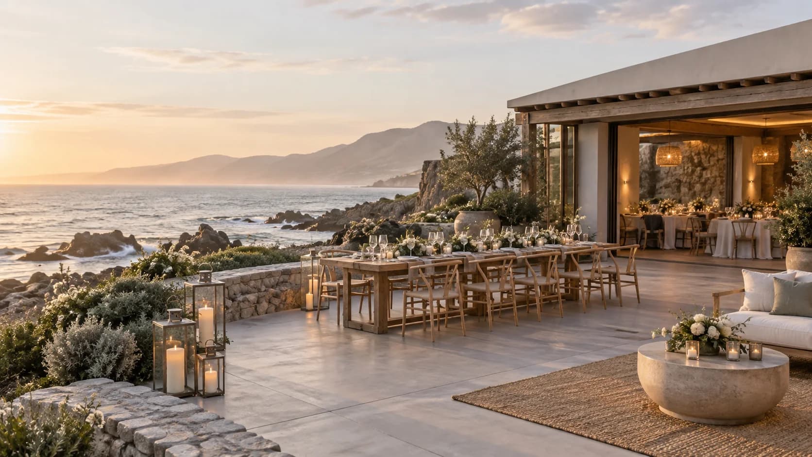 Illustrative Hermanus wedding reception overlooking a rocky coastline with soft mountain silhouettes