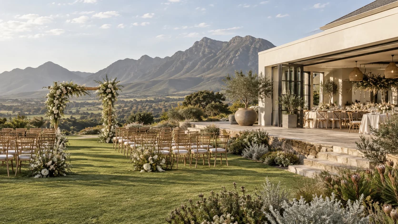 Illustrative Somerset West wedding estate with mountain views, gardens and an airy reception pavilion
