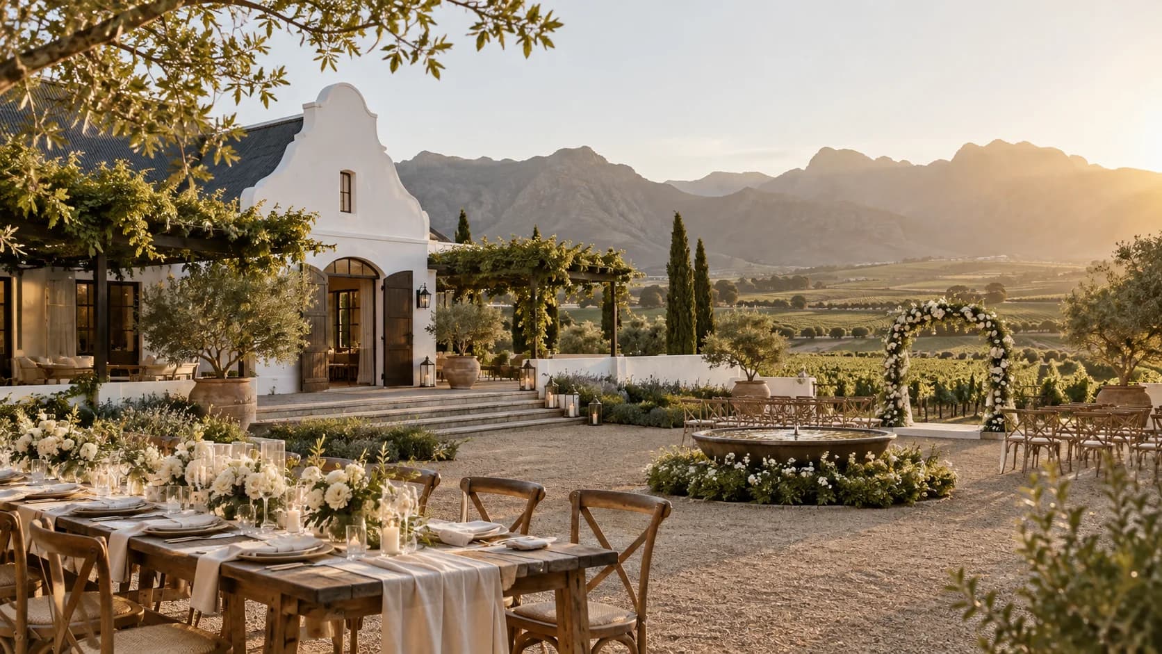 Illustrative Wellington rose garden wedding with mountain-backed vines and a warm farm reception hall