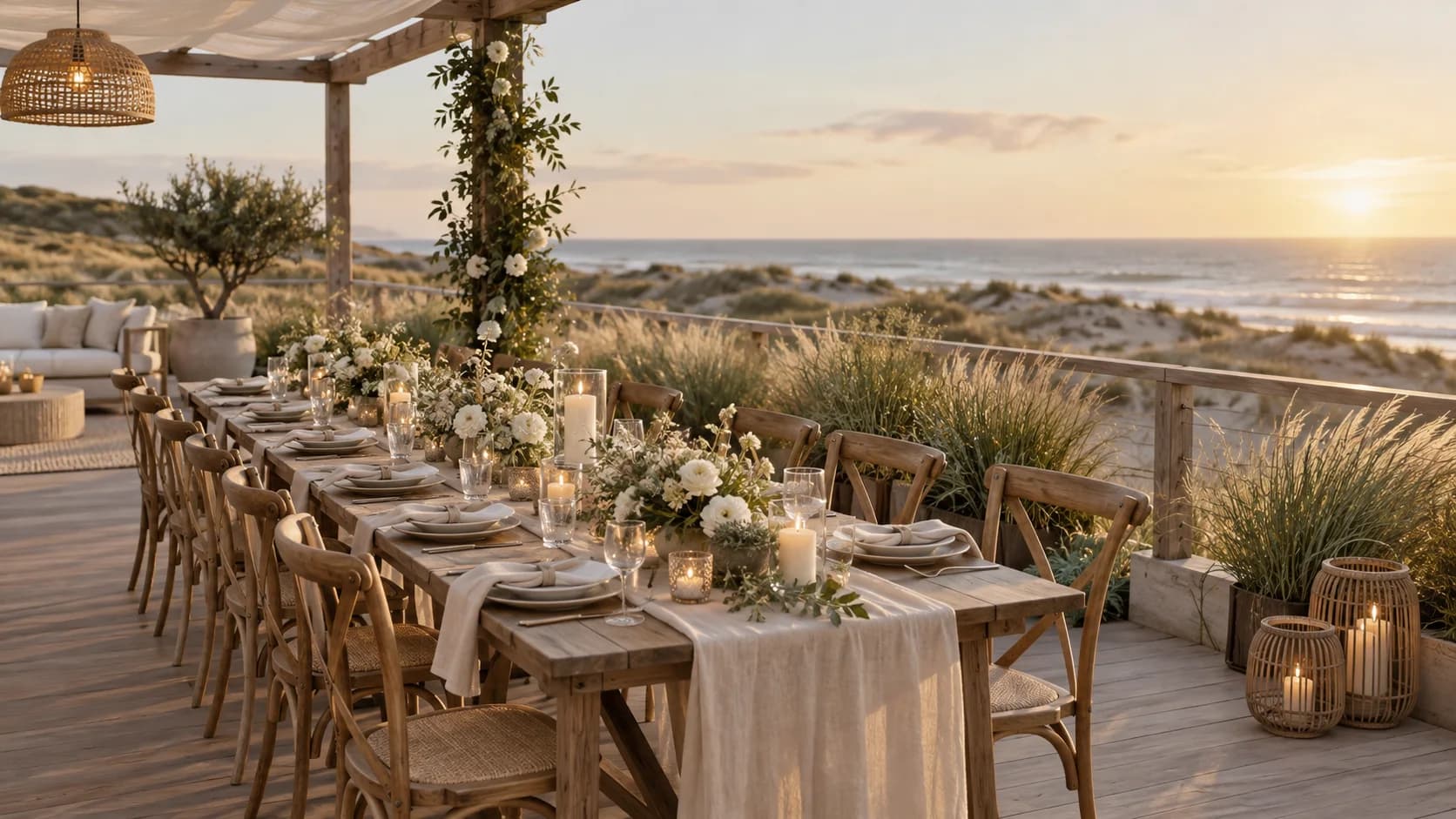 Illustrative West Coast wedding reception among coastal dunes with a sheltered pavilion and ocean views